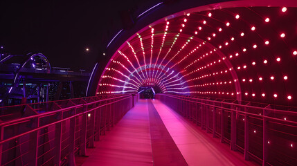 An innovative pedestrian bridge that uses kinetic energy from foot traffic to power LED lights creating a dynamic and interactive light show at night. - obrazy, fototapety, plakaty