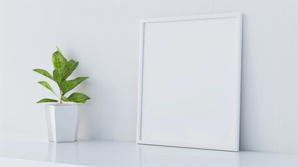 White empty frame on a white wall background next to a plant
