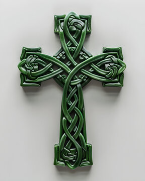 Traditional green Celtic cross with intricate Irish knot design, perfect for celebrating St. Patrick's Day and showcasing Irish cultural heritage.