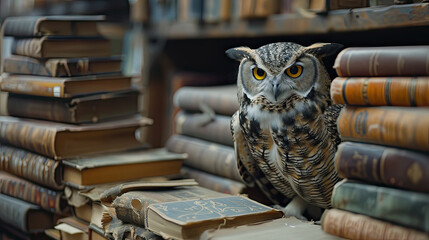 an owl looking directly at viewer sitting in an old library surrounded by stacks of old books 