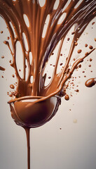 Dynamic splash of chocolate captured in high detail against a light background, showcasing the fluidity and texture of the liquid. International Chocolate Day.