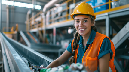 Smiling female worker in safety gear sorting recyclables on a conveyor belt, promoting sustainability and workforce diversity - 785643870