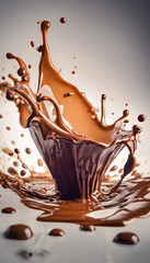 Dynamic splash of chocolate with droplets in mid-air, creating an artistic and fluid motion against...