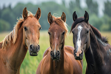 Beautiful three horses on green field