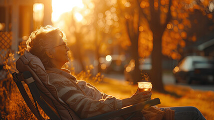 older woman siting in a lawn chair with a glass of tea in an urban neighborhood at golden hour