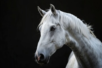 Beautiful white horse on black background - obrazy, fototapety, plakaty