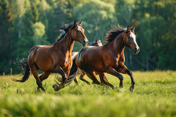 Three brown horses run gallop on green field