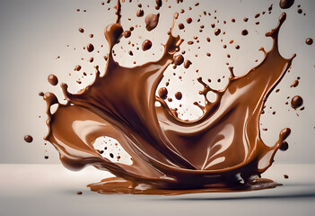 Dynamic splash of chocolate captured in high detail against a light background, illustrating texture and movement. International Chocolate Day.