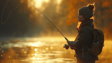 young woman fishing in a lake at golden hour 