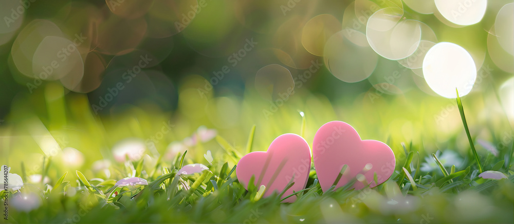 Poster two hearts lie on the grass with a blurred background