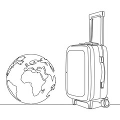 Continuous one single line drawing travel bag with planet earth. Travel Holiday or vacation icon vector illustration concept
