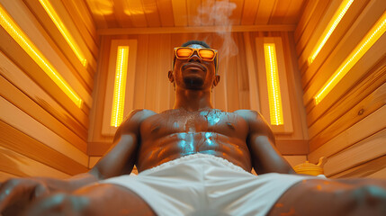 Black brutal man relaxing on wooden bench in infrared sauna. Invigorating Sauna Experience - 785644409
