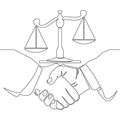 Continuous one single line drawing Client shakes hands with lawyer Legal services scales Advocate consultation Jurisprudence icon vector illustration concept