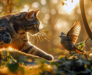 Dance of Predator and Prey: Mesmerizing Cat and Bird Encounter, Exquisite Nature Photography Captures the Thrilling Essence of Wildlife Interaction