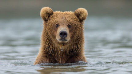 Obraz premium Wild brown bear swimming in water 
