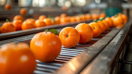 Vibrant tangerines on conveyor belt in food processing plant. Journey from farm to table - 785644816