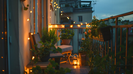 An intimate balcony garden with string lights and a small seating area.