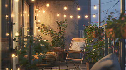 An intimate balcony garden with string lights and a small seating area. - obrazy, fototapety, plakaty