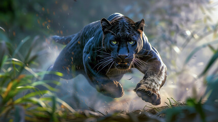 Midnight Prowler Unleashed: Intense Black Panther in Action, Exquisite Wildlife Photography Captures Predatory Precision Amidst Jungle Mist