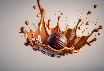 A chocolate ball splashing into liquid chocolate, creating dynamic droplets and ripples around it....