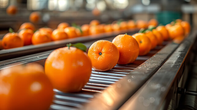 Vibrant tangerines on conveyor belt in food processing plant. Journey from farm to table