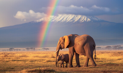 Rainbow Over Kilimanjaro: Enchanting Elephant Scene, Pristine Wildlife Photography Celebrates Tanzania’s Breathtaking Landscape and Fauna