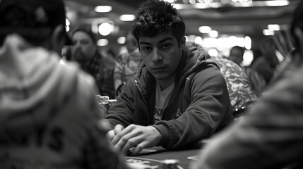 An intimate moment at a casinos high-stakes poker game with a player making a pivotal decision under the gaze of opponents.