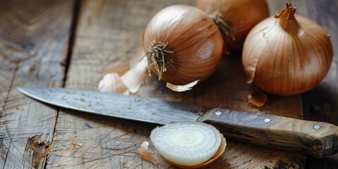 Rustic Kitchen Scene with Onions and Knife on Wooden Table