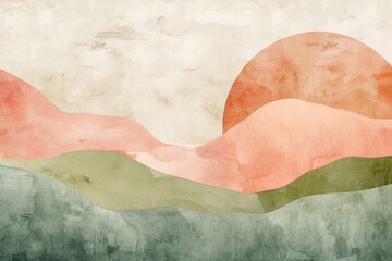 A humble scientist with nebulous thoughts in an abstract watercolor style. Soft pastel colors of olive green and salmon pink create a dreamlike, minimalist vision of discovery.