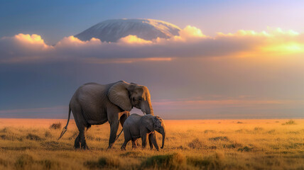 Guardians of Kilimanjaro: Majestic Elephant and Calf Journey at Sunset, Exemplary Wildlife Photography Against Tanzania's Iconic Summit