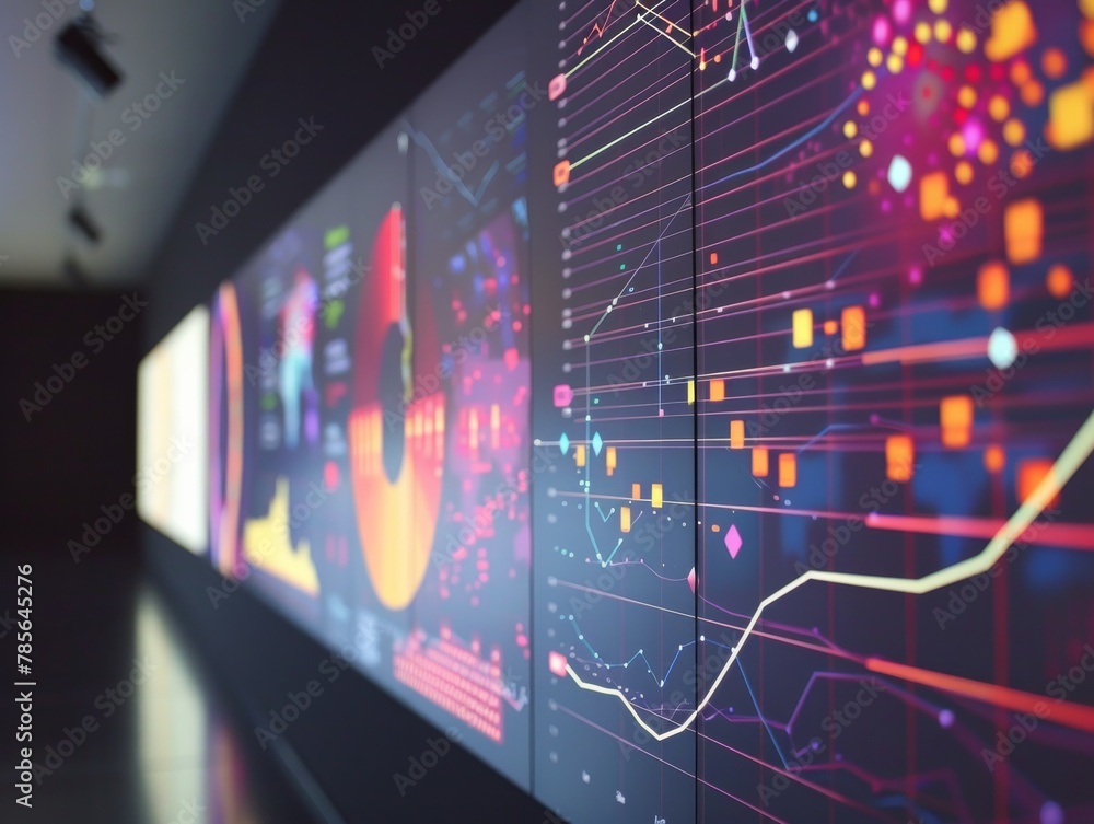 Poster vibrant data visualizations: dynamic charts and graphs transforming on screen