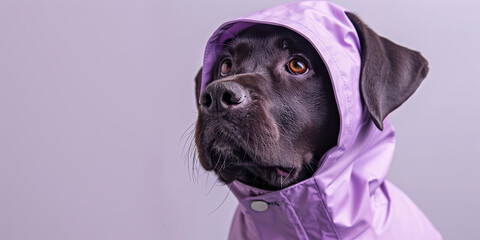Adorable Black Labrador Retriever in Purple Raincoat