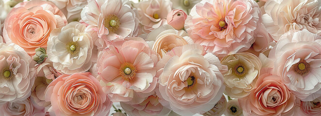 Wallpaper with white and pale pink ranunculus.