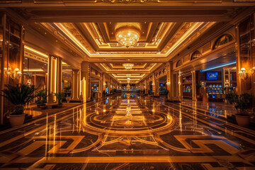 Elegant Casino Lobby with Luxurious Fountain and Seating Area