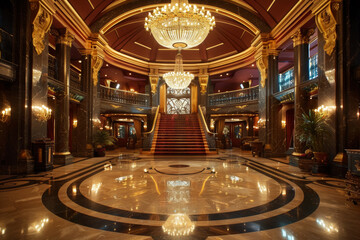 Luxurious Casino Lobby with Grand Staircase and Chandelier