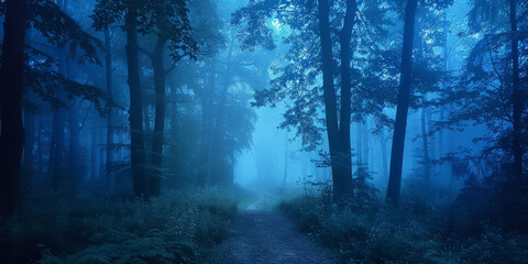 Mysterious Foggy Forest Path at Twilight