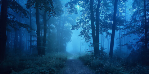 Obraz premium Mysterious Foggy Forest Path at Twilight