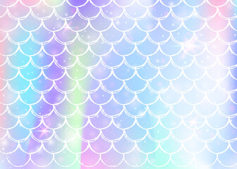 Kawaii mermaid background with princess rainbow scales pattern. Fish tail banner with magic sparkles and stars. Sea fantasy invitation for girlie party. Trendy kawaii mermaid backdrop.