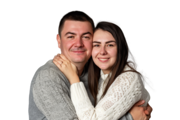 Portrait of happy couple hugging and holding together with smiling isolated on transparent png background, loving moment, romantic scene.