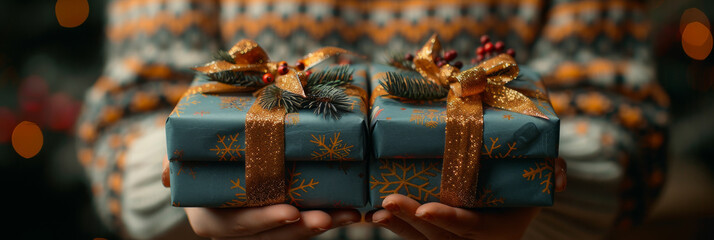 Christmas Gift Wrapped in Festive Paper and Decorations Held by Person