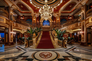 Luxurious Casino Lobby with Grand Staircase and Chandelier - obrazy, fototapety, plakaty