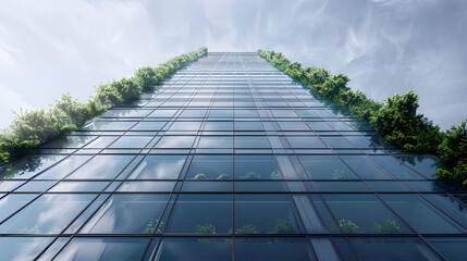 An office tower with a double-skin facade featuring between-glass vegetation to enhance thermal insulation and improve air quality while creating a unique aesthetic. - obrazy, fototapety, plakaty