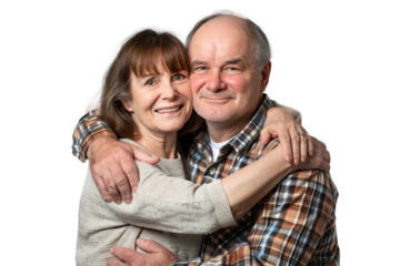 Portrait of happy couple hugging and holding together with smiling isolated on transparent png background, loving moment, romantic scene.