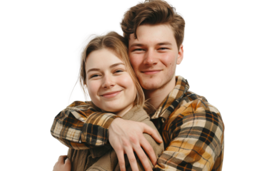 Portrait of happy couple hugging and holding together with smiling isolated on transparent png background, loving moment, romantic scene.