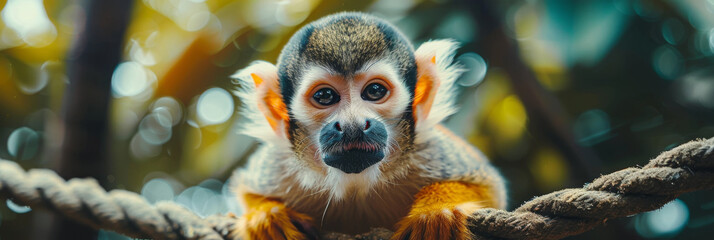 Curious Squirrel Monkey Perched on Rope in Lush Habitat - obrazy, fototapety, plakaty