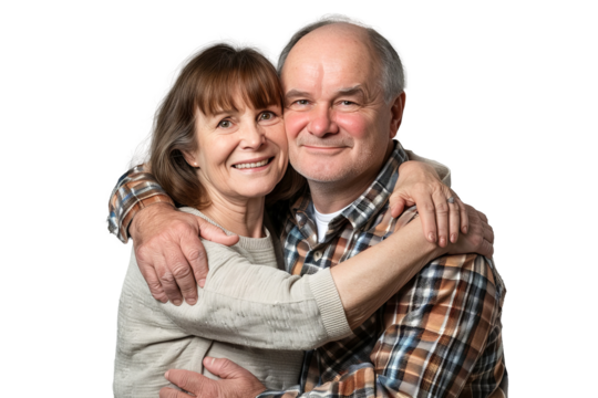 Portrait of happy couple hugging and holding together with smiling isolated on transparent png background, loving moment, romantic scene.