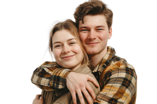 Portrait of happy couple hugging and holding together with smiling isolated on transparent png background, loving moment, romantic scene.