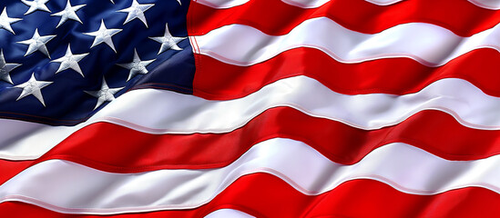 American flag waving with red white and blue stars and stripes. Panoramic United States July Fourth or Memorial or Veterans Day banner. Patriotic USA election campaign poster backdrop or background