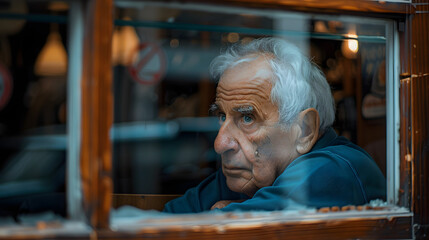 An old man looking through the window of a pawn shop considering selling his belongings.