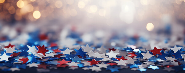 Red, white and blue confetti stars scattered against silver blurred bokeh background. Patriotic banner backdrop for American holidays like July 4th, Memorial, Veteran's, President's Day or elections - obrazy, fototapety, plakaty